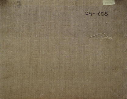 Back of Chernikov Nikolay Vladimirovich mountain landscape oil painting with brown canvas, handwritten label, white thread