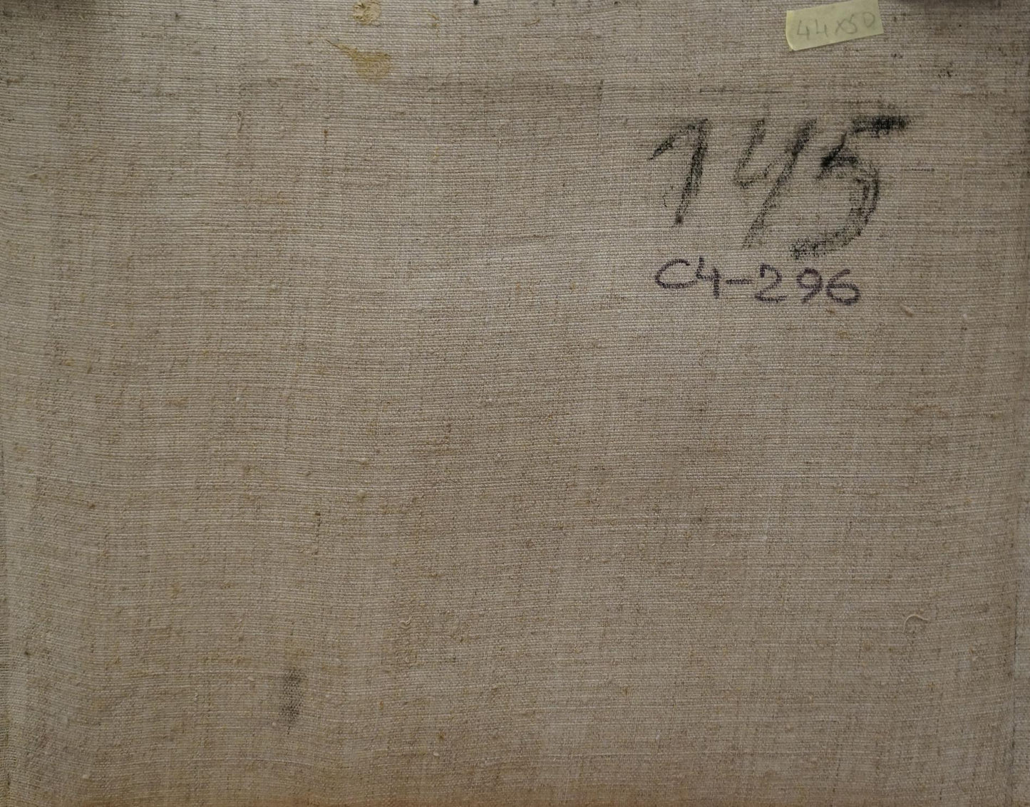 Back of oil painting Mountain landscape by Chernikov Nikolay Vladimirovich with beige linen canvas handwritten markings and yellow label