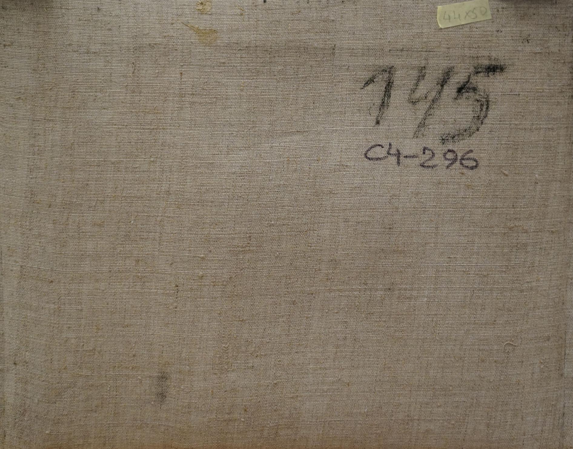 Back of oil painting Mountain landscape by Chernikov Nikolay Vladimirovich with beige linen canvas handwritten markings and yellow label