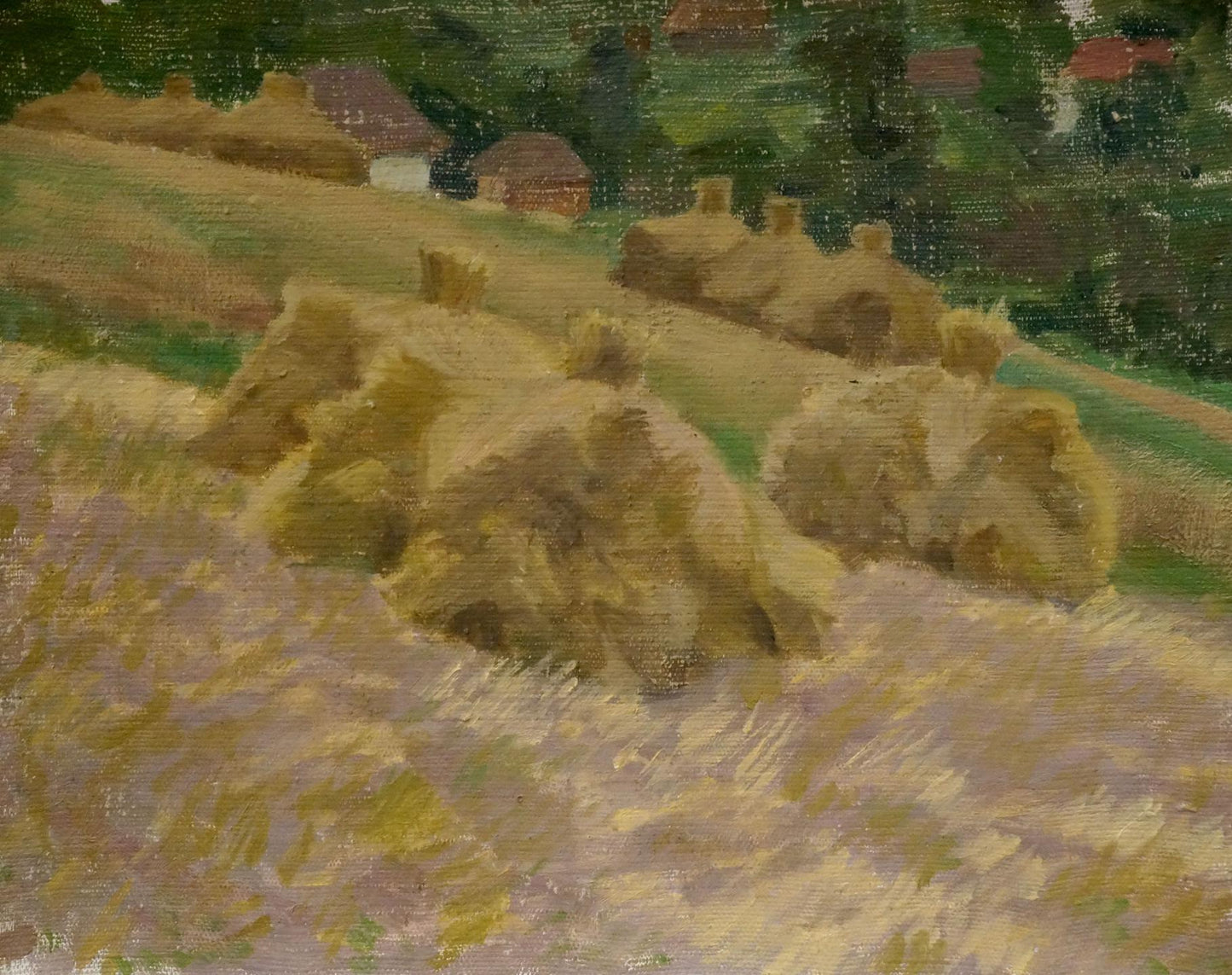 Oil painting Haystacks in the fields by Nikolay Chernikov, golden bales in sunlit field