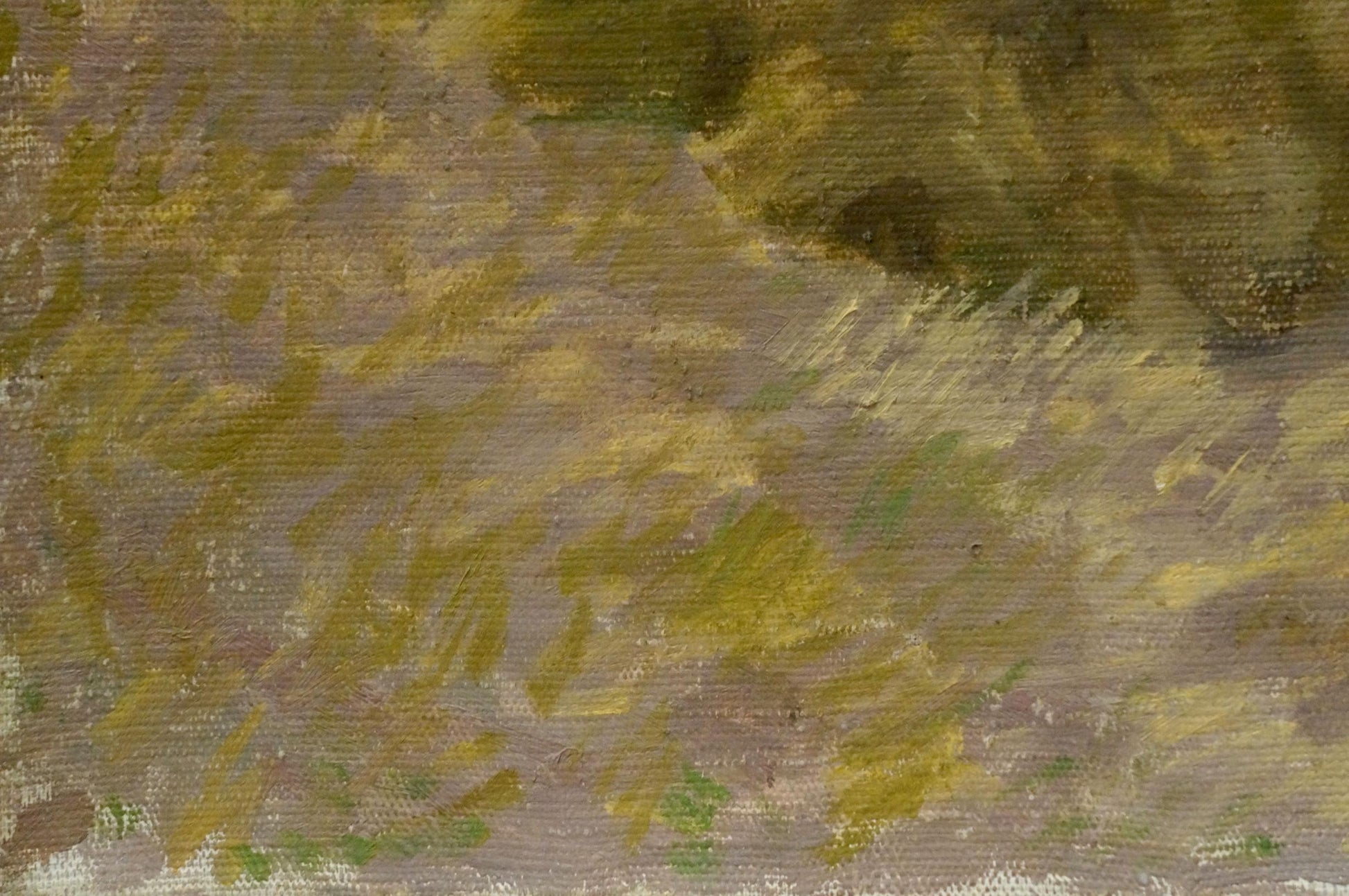 Oil painting Haystacks in the fields by Nikolay Chernikov in olive green, yellow ochre, gray