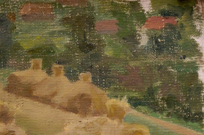 Oil painting Haystacks in the fields by Nikolay Chernikov, rustic textured landscape