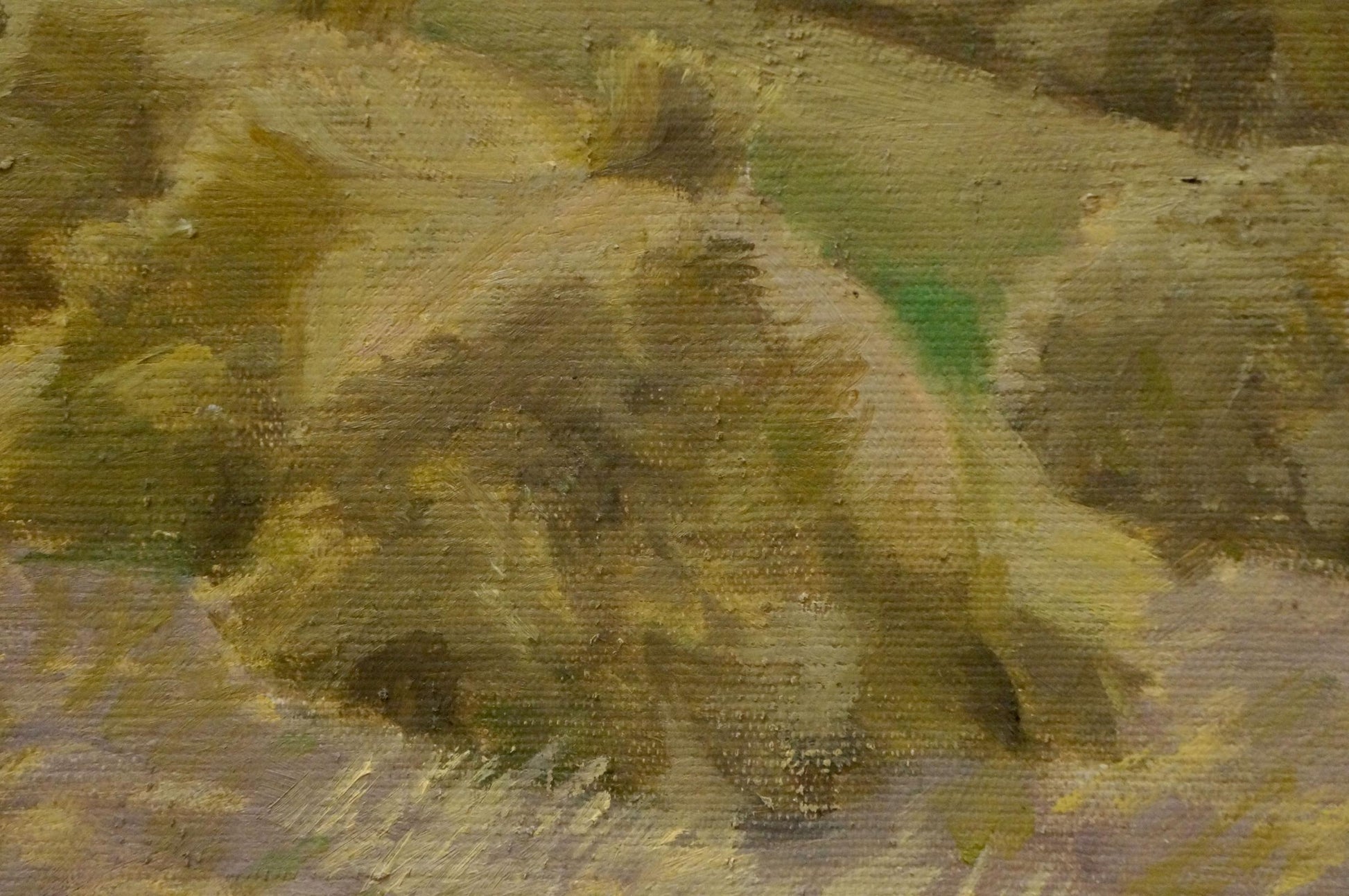 Oil painting Haystacks in the fields by Nikolay Chernikov in earthy tones