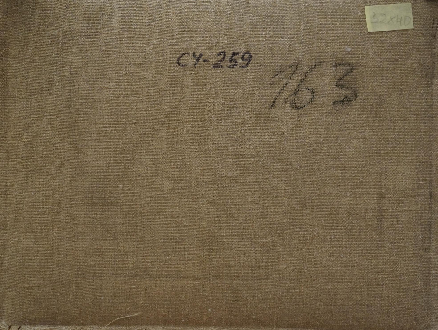 Back of Nikolay Chernikov oil painting Haystacks in the fields on beige linen canvas