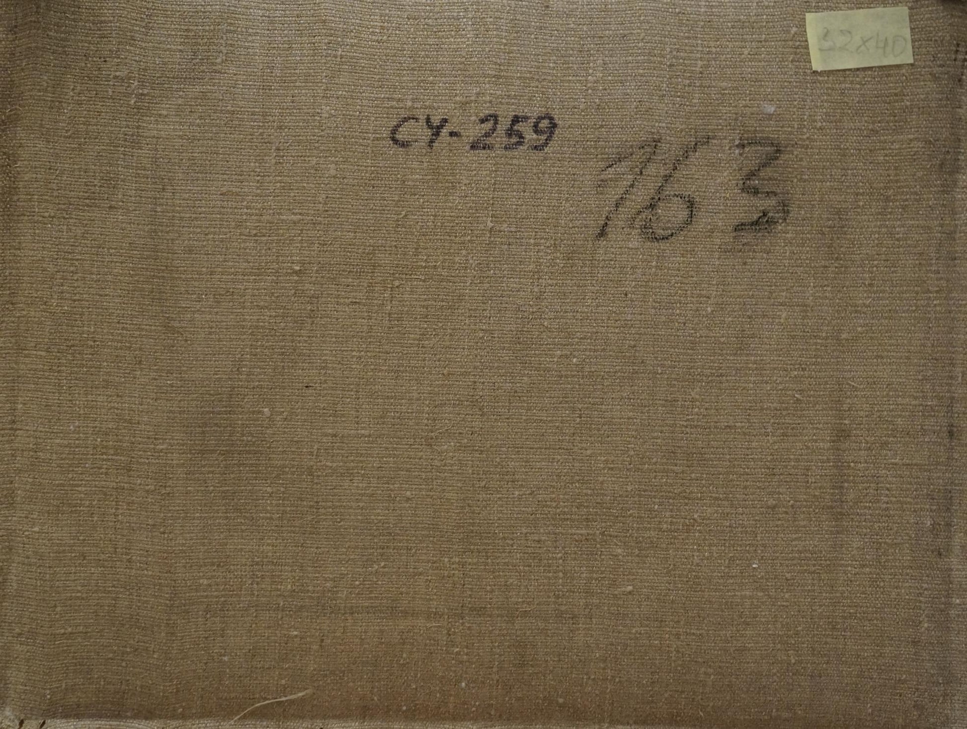 Back of Nikolay Chernikov oil painting Haystacks in the fields on beige linen canvas