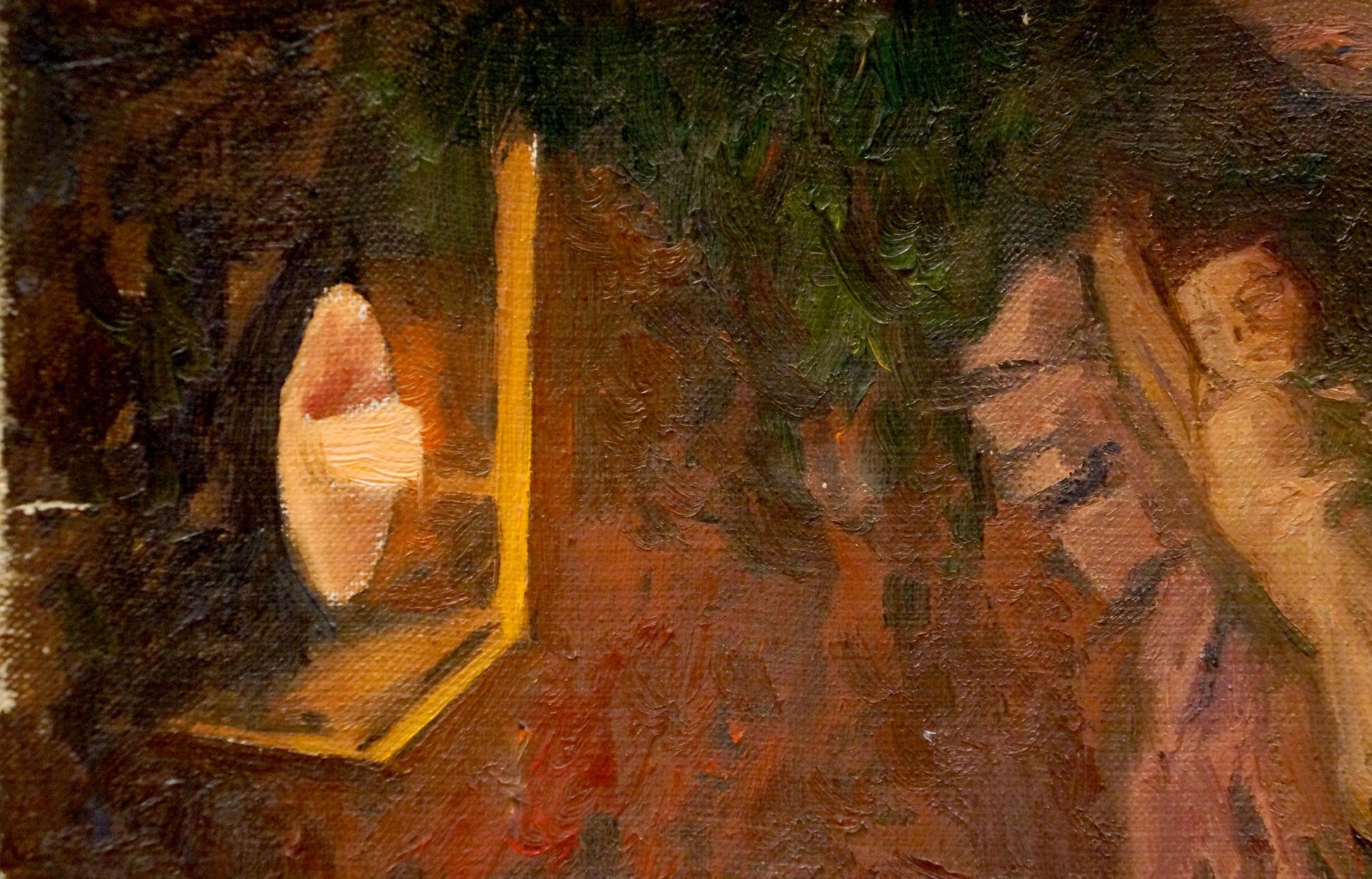 Oil painting of male figure by Chernikov Nikolay Vladimirovich in warmly lit yellow-framed mirror reflecting soft glow on dark green foliage