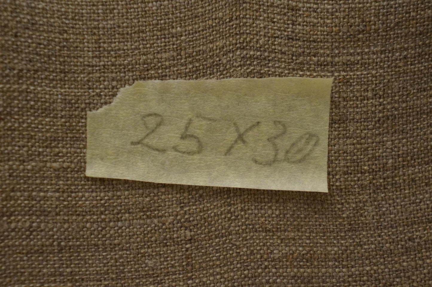 Back of Chernikov oil painting label: torn pale yellow paper with 25x30 dimensions