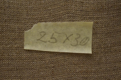 Back of Chernikov oil painting label: torn pale yellow paper with 25x30 dimensions