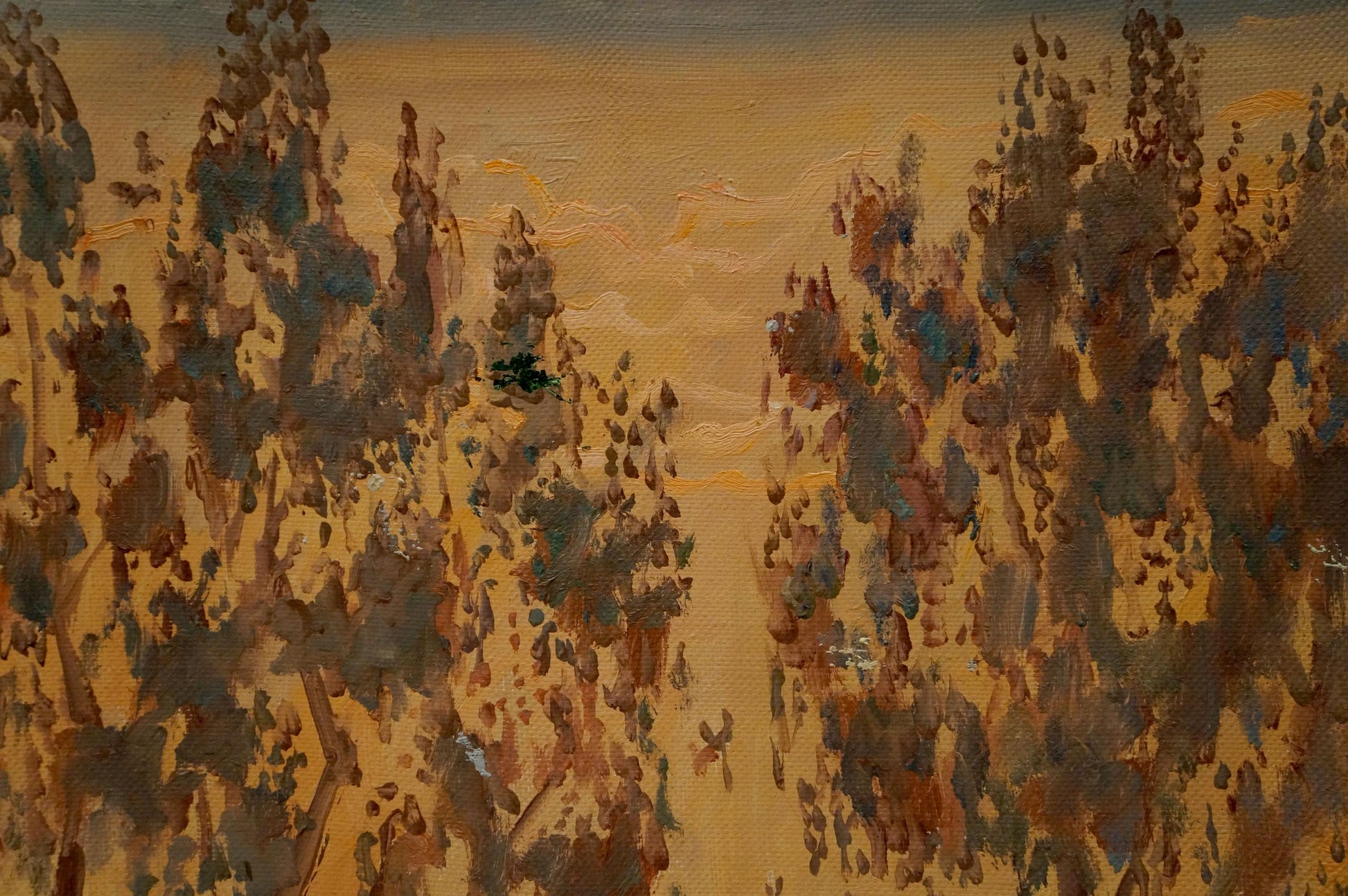 Oil painting Sunset by Chernikov Nikolay Vladimirovich, tall dark trees golden sky