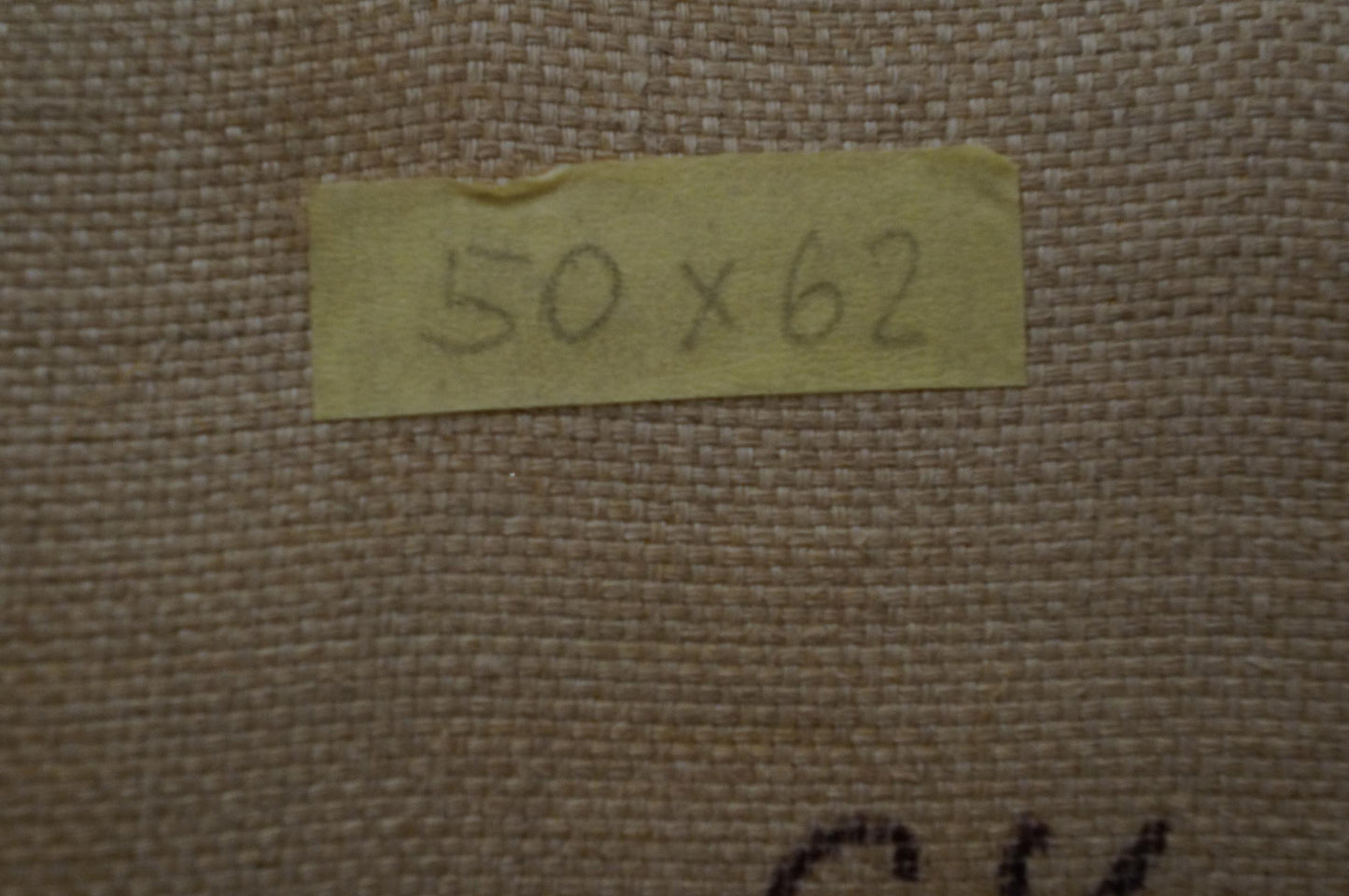 Back of Sunset Chernikov Nikolay Vladimirovich oil painting with 50 x 62 sticky note on beige fabric