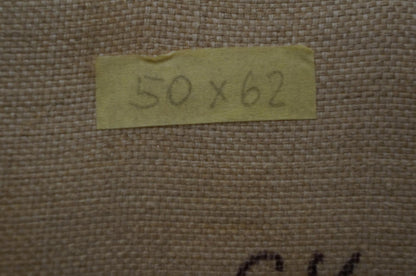 Back of Sunset Chernikov Nikolay Vladimirovich oil painting with 50 x 62 sticky note on beige fabric