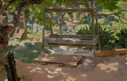 Oil painting by Chernikov Nikolay Vladimirovich: weathered wooden swing under leafy trees