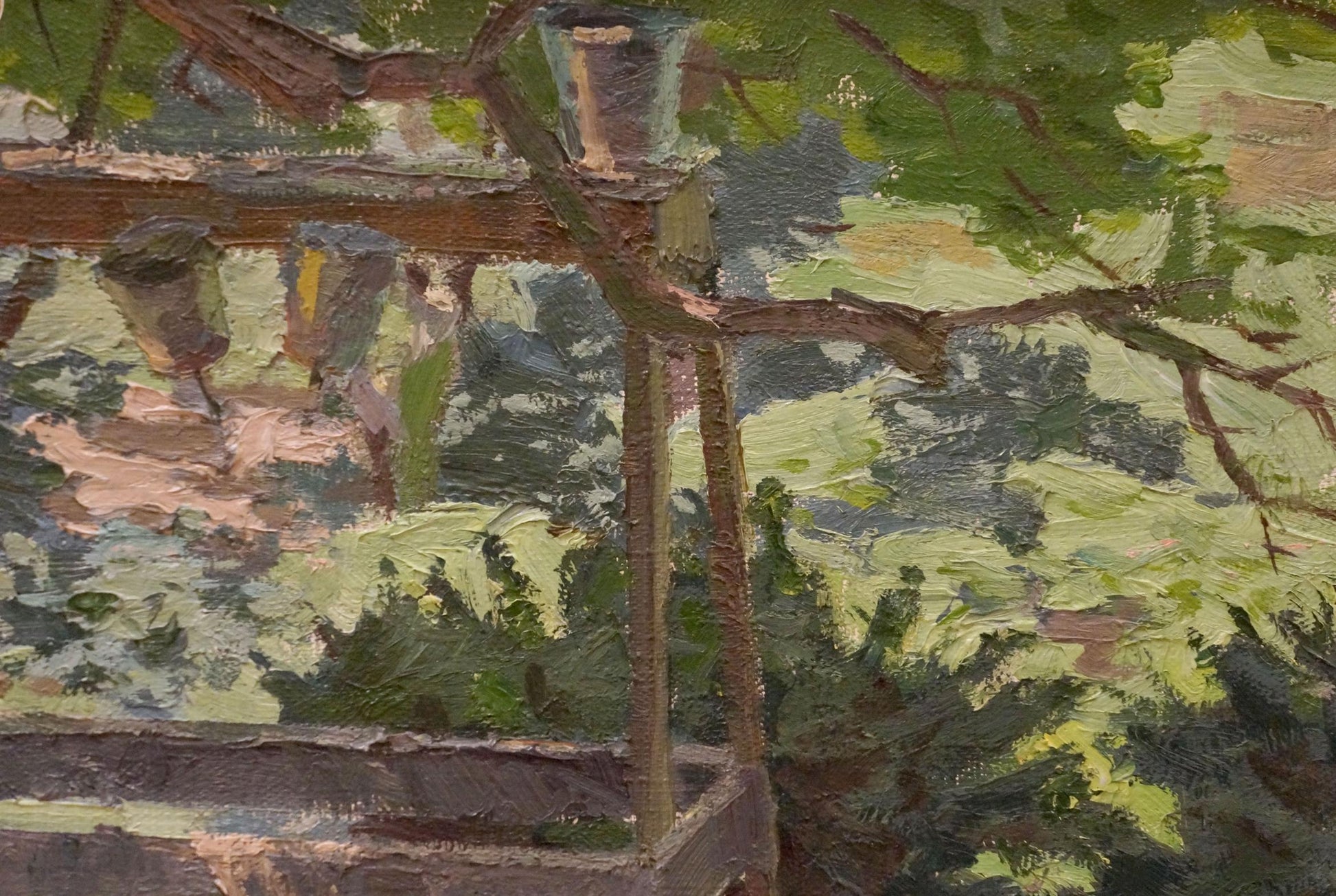 Oil painting of rustic pergola with weathered beams by Chernikov Nikolay Vladimirovich