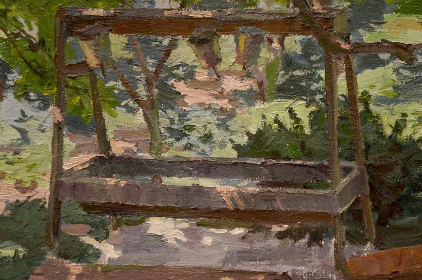 Oil painting by Chernikov Nikolay Vladimirovich: weathered wooden swing in lush courtyard foliage