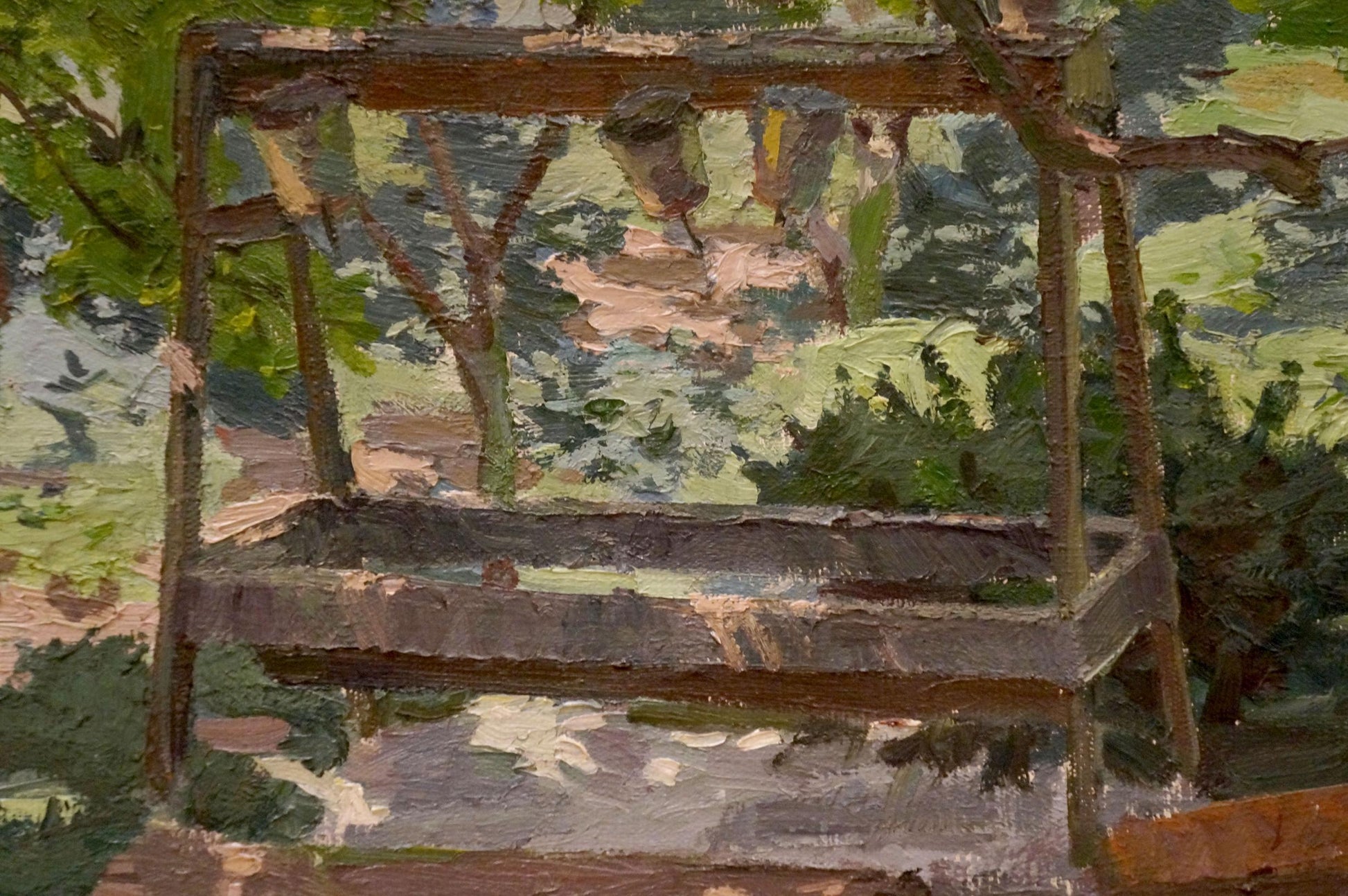 Oil painting by Chernikov Nikolay Vladimirovich: weathered wooden swing in lush courtyard foliage