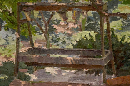 Oil painting by Chernikov Nikolay Vladimirovich: weathered wooden swing in lush courtyard foliage