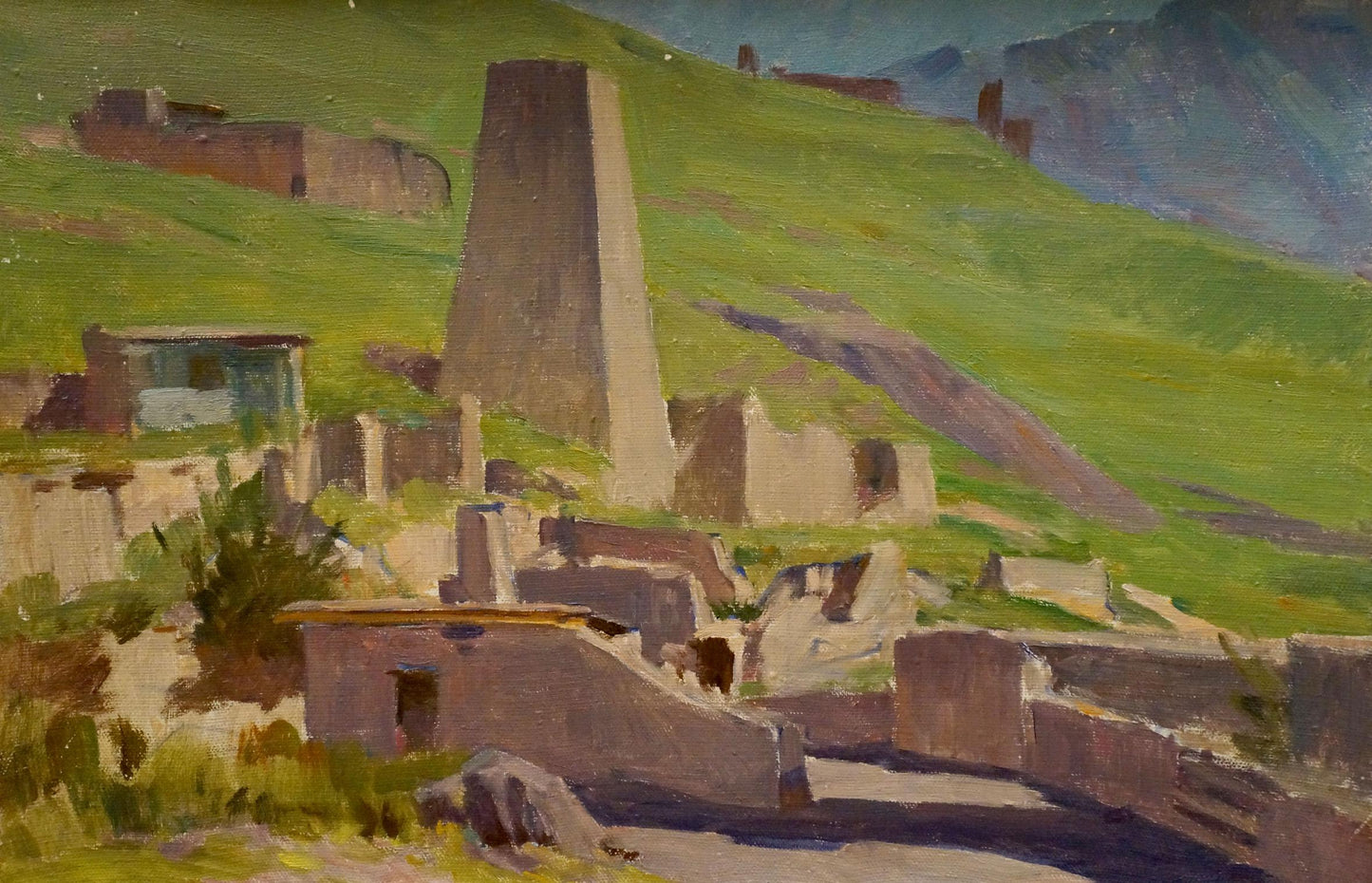 Oil painting of tall stone tower in hillside ruins by Chernikov Nikolay Vladimirovich