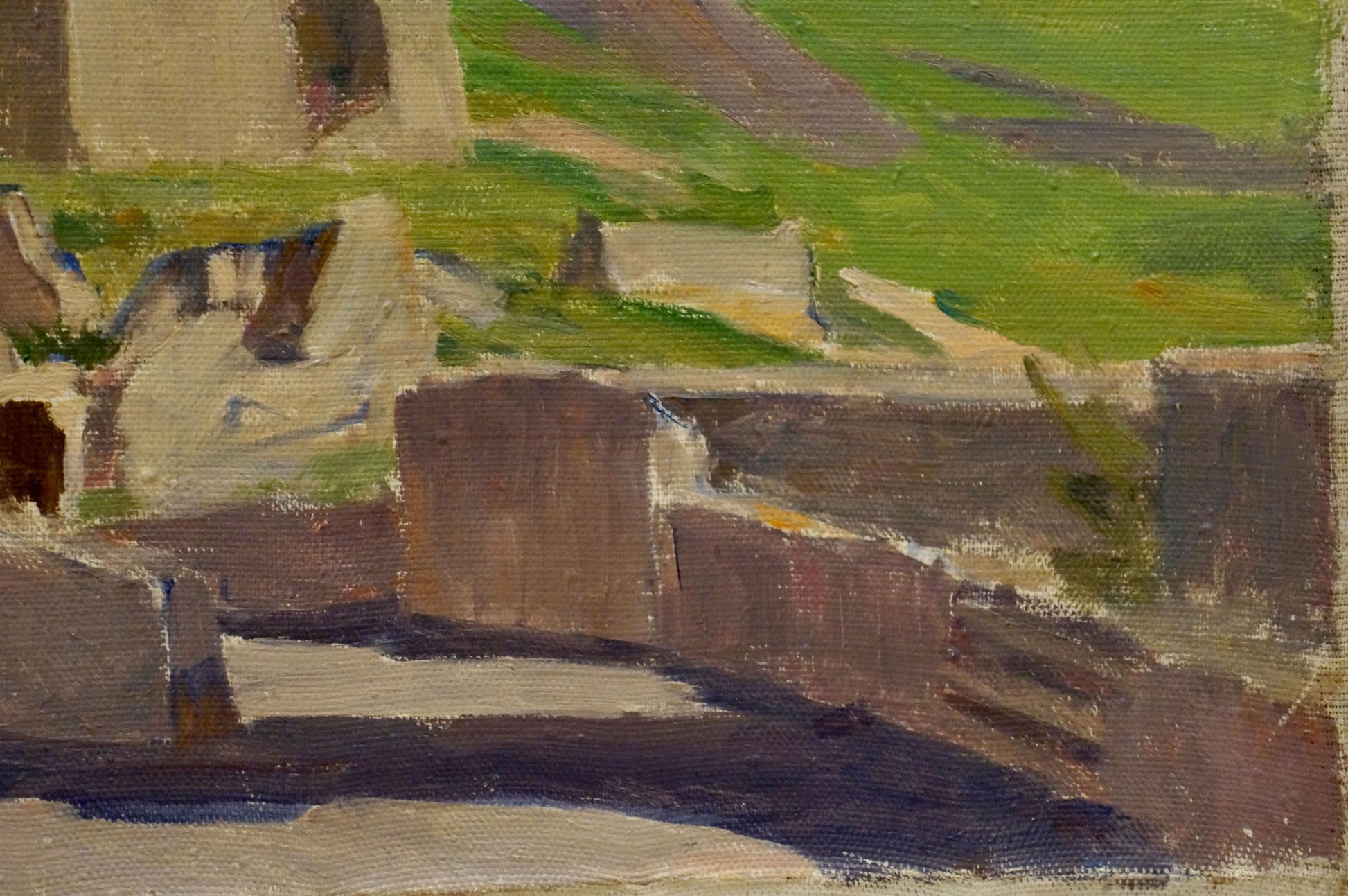 Oil painting of weathered stone walls and green hills by Chernikov Nikolay Vladimirovich