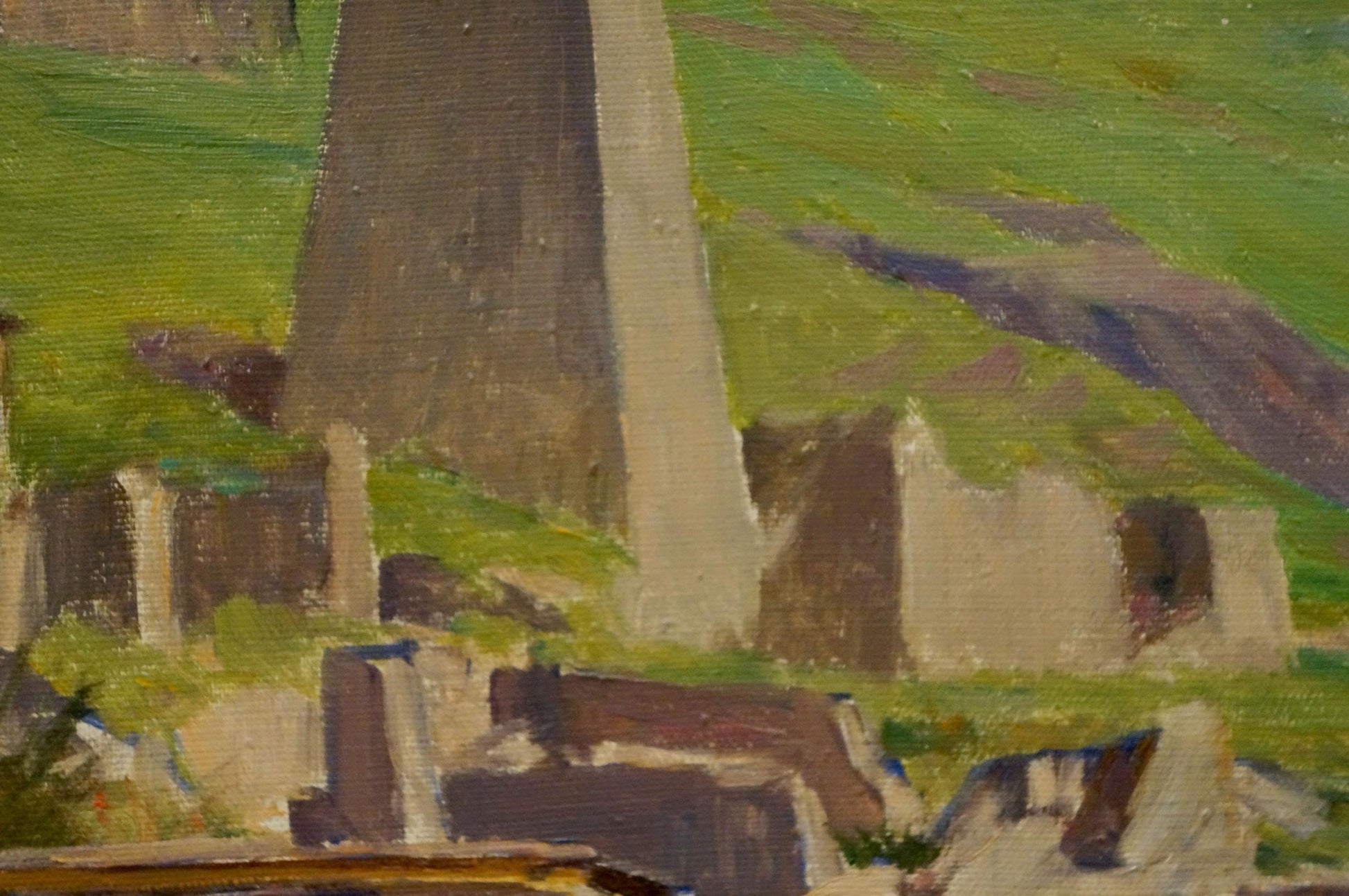 Oil painting by Chernikov Nikolay Vladimirovich: tall stone tower in green hills and ruins