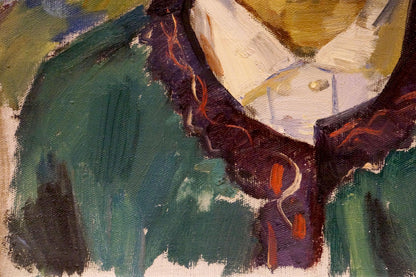 Textured dark purple collar with orange-white stitching on Chernikov portrait garment