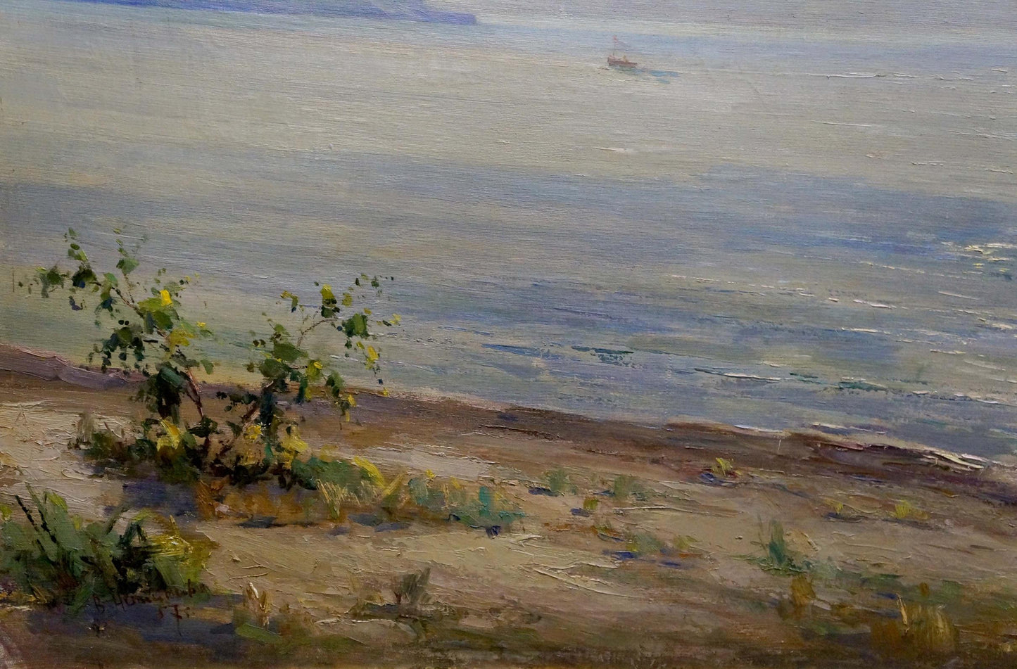 Oil painting seascape by Nepiypivo Vasily Ignatievich: distant boat on hazy blue water