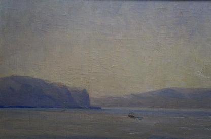 Oil painting of small boat on calm waters by Nepiypivo Vasily Ignatievich