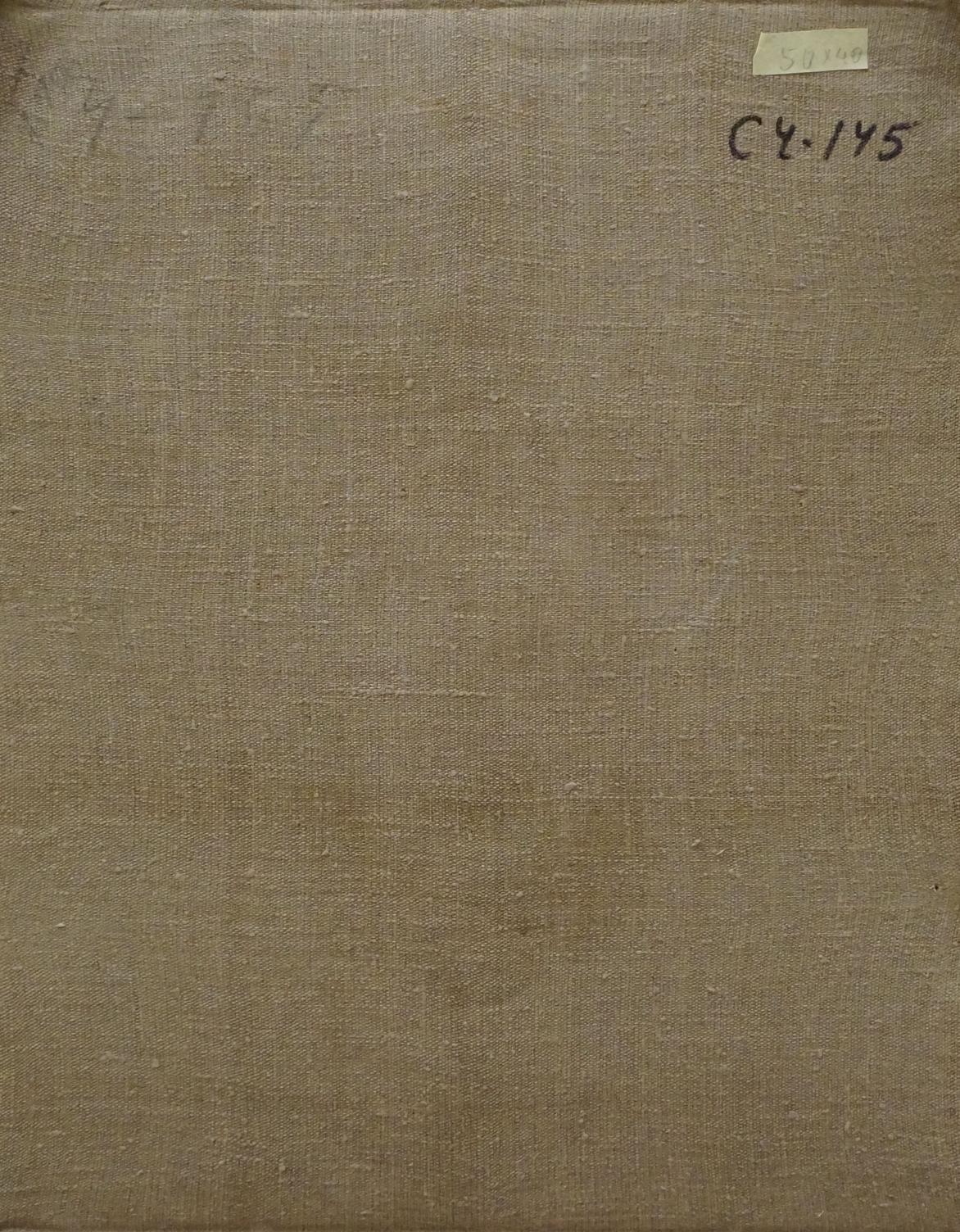 Back of oil painting portrait of grandfather Chernikov Nikolay Vladimirovich on beige linen canvas