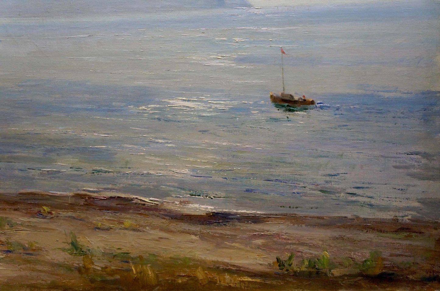 Oil painting of small wooden sailboat with red flag on calm waters by Nepiypivo Vasily Ignatievich