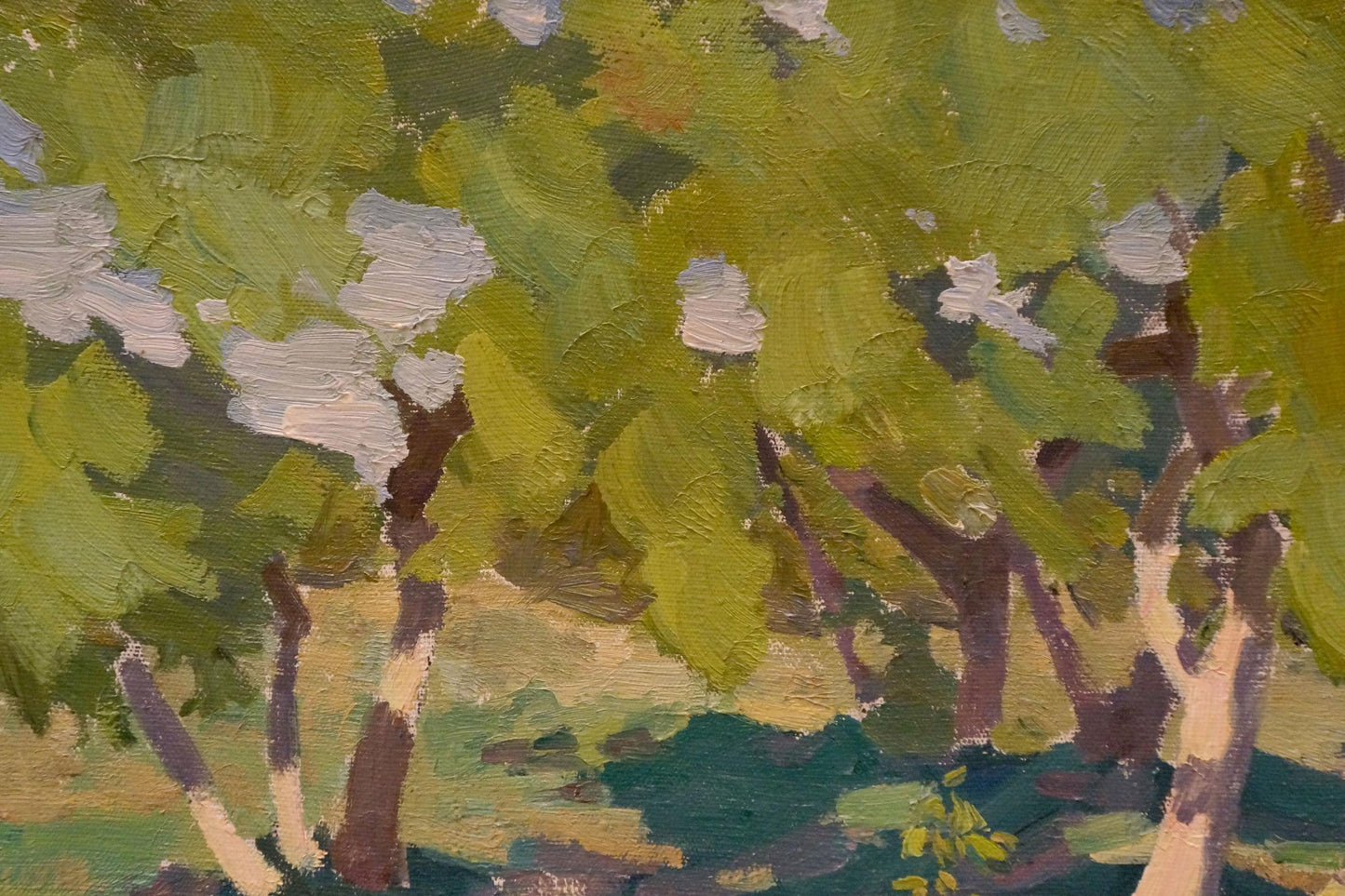 Oil painting Relaxing near the trees by Nikolay Chernikov, impasto green leaves blossoms