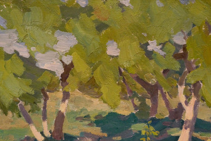 Oil painting Relaxing near the trees by Nikolay Chernikov, impasto green leaves blossoms