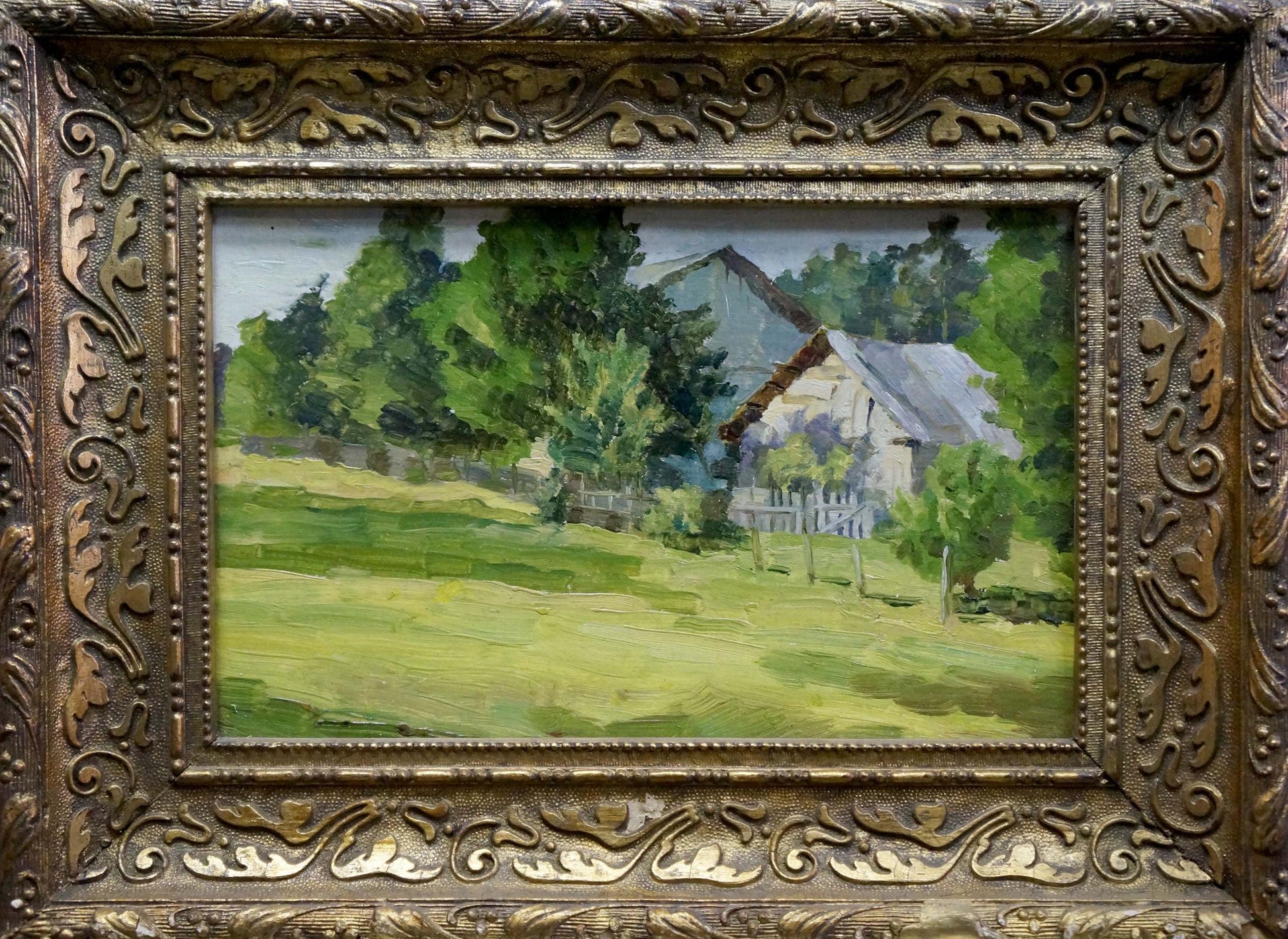 Oil painting of native village in summer, rustic cottage in lush green fields