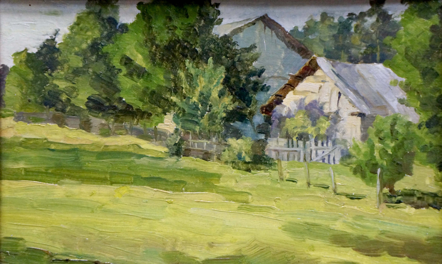 Oil painting of native village in summer: rustic barn amid lush trees