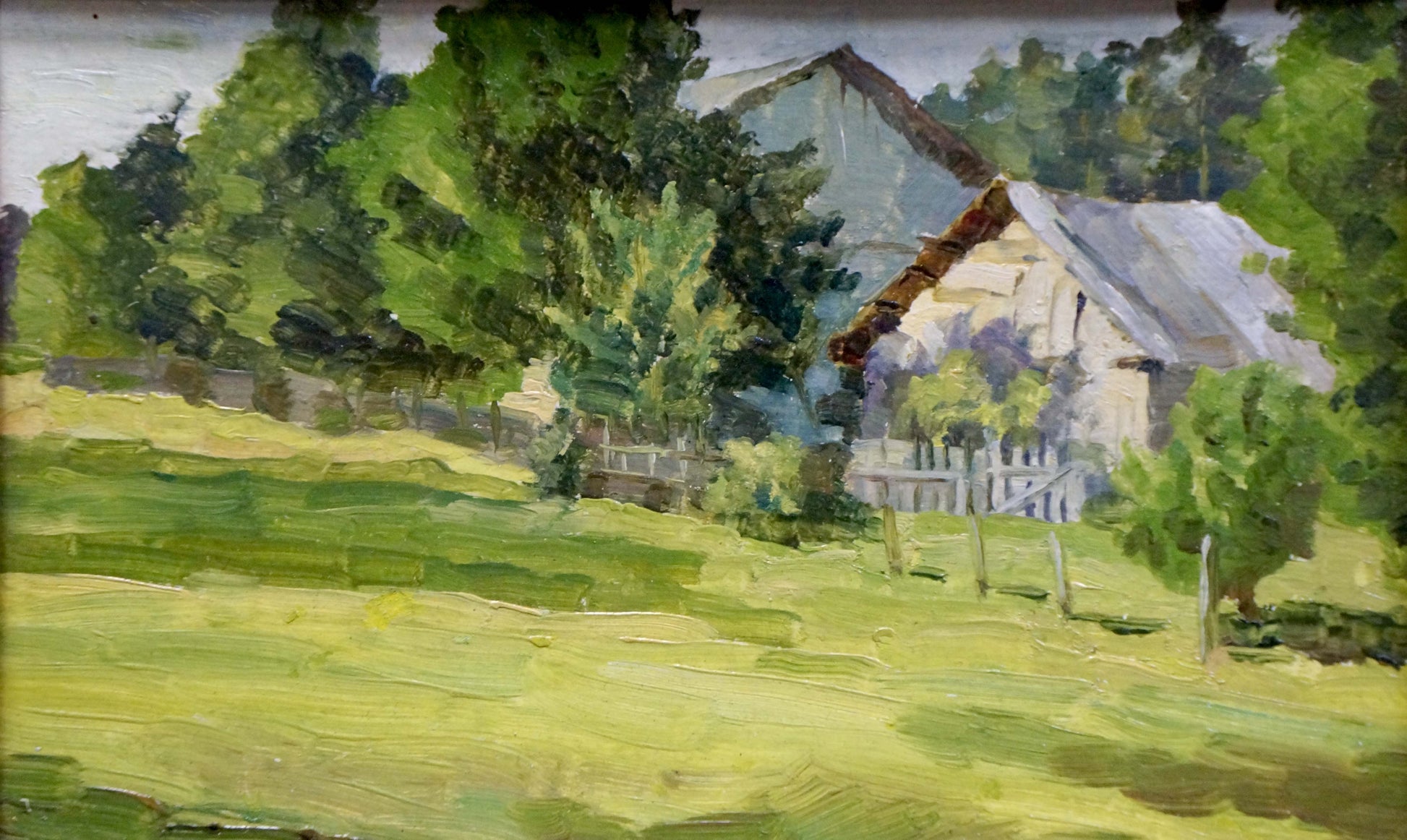 Oil painting of native village in summer: rustic barn amid lush trees