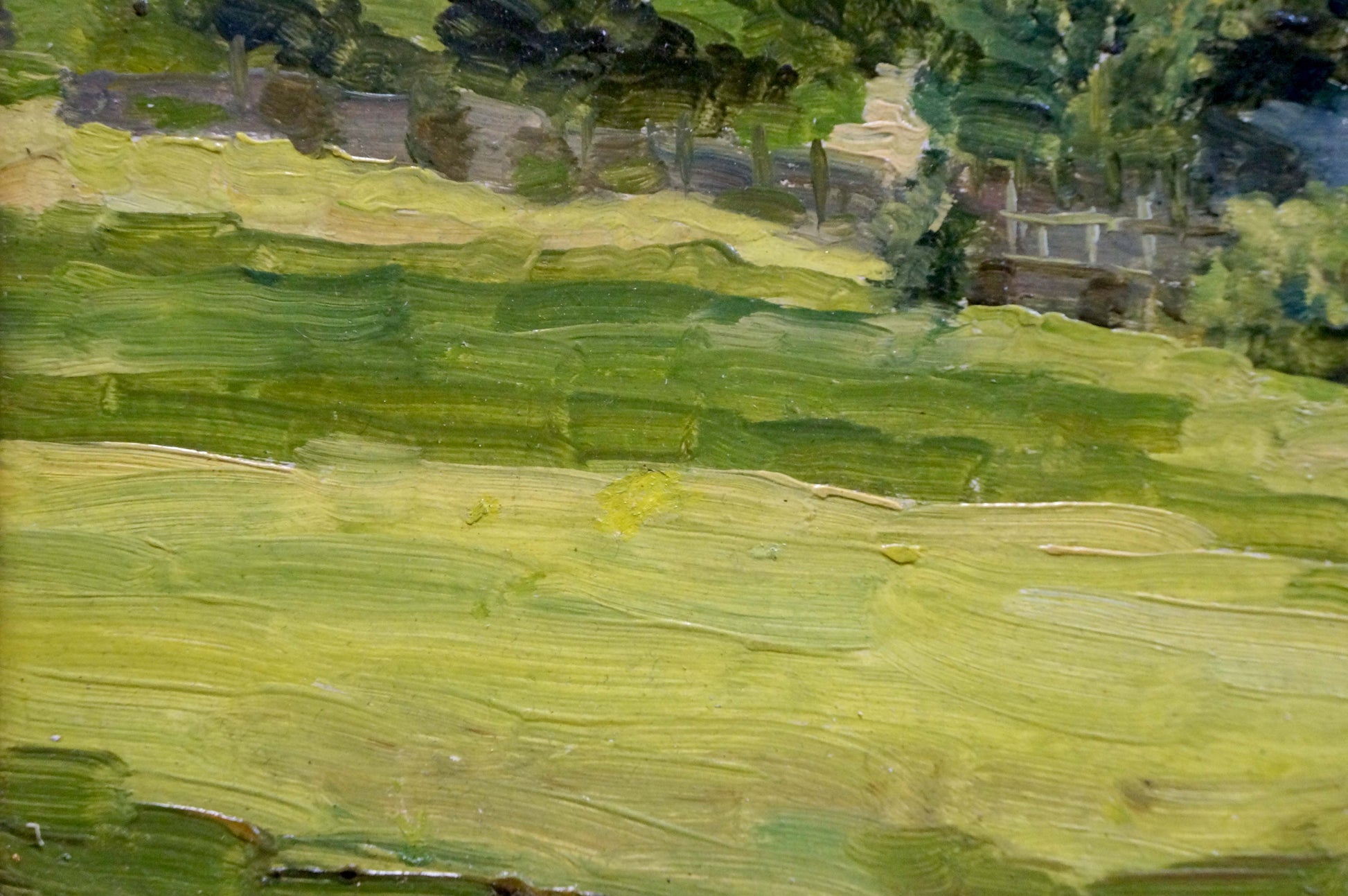 Vibrant green oil painting of native village summer hills and trees
