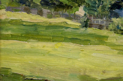 Vibrant green oil painting of native village summer hills and trees