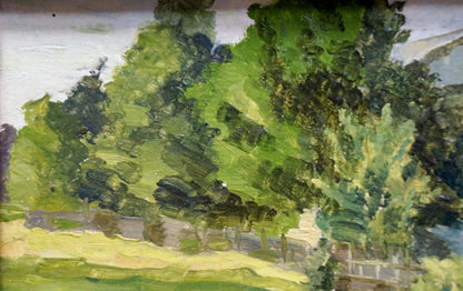 Vibrant green oil painting of native village summer trees by unknown artist