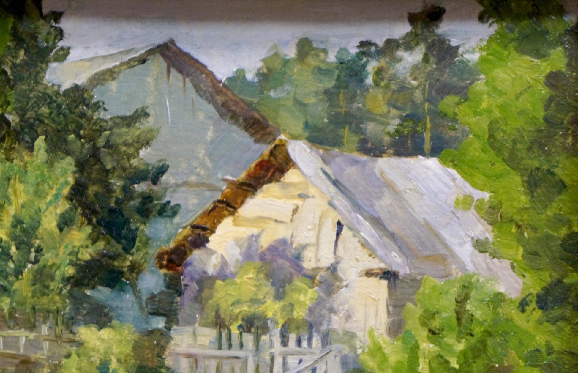 Oil painting of rustic off-white Native village house in summer foliage