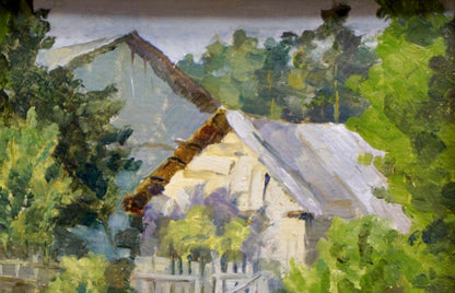 Oil painting of rustic off-white Native village house in summer foliage