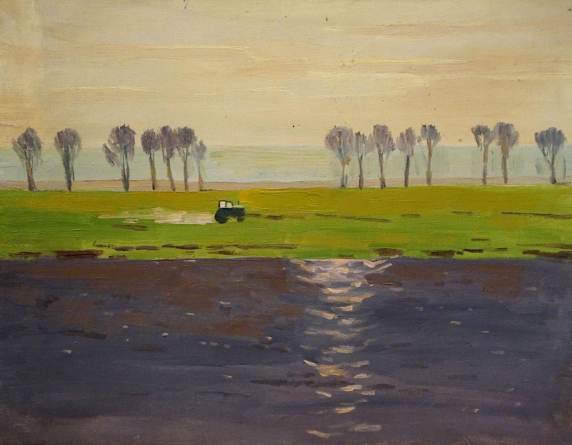 Oil painting by Nikolay Chernikov: green tractor in yellow-green field by purple water
