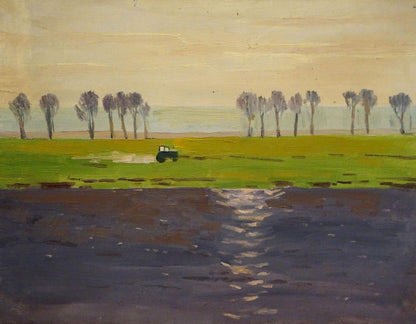 Oil painting by Nikolay Chernikov: green tractor in yellow-green field by purple water