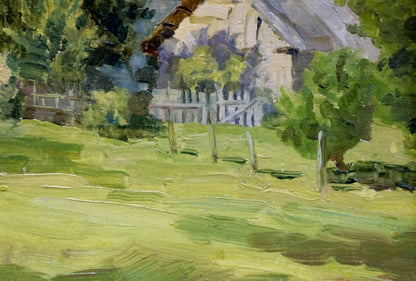Oil painting of rustic white thatched cottage in native summer village