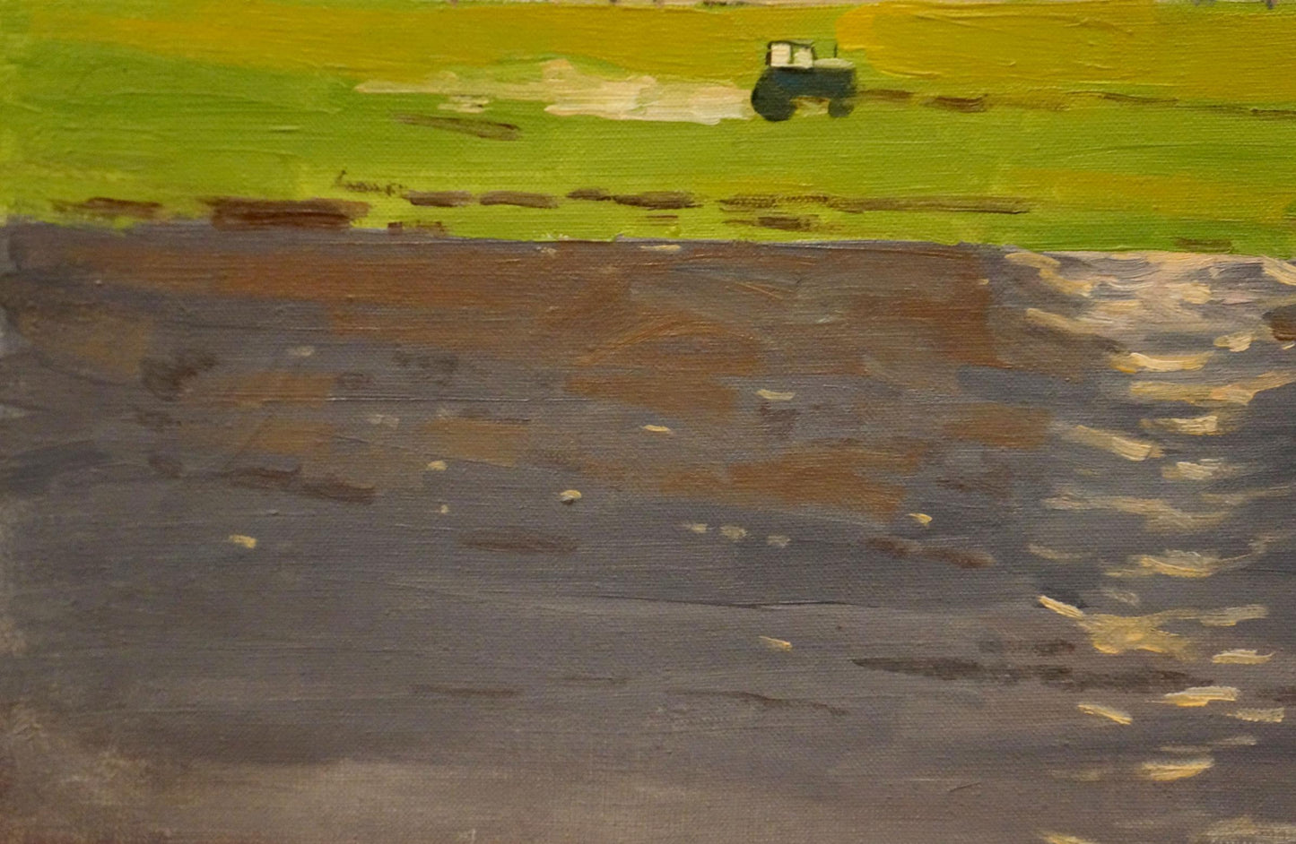 Oil painting of green tractor with white cab in yellow field by Nikolay Chernikov
