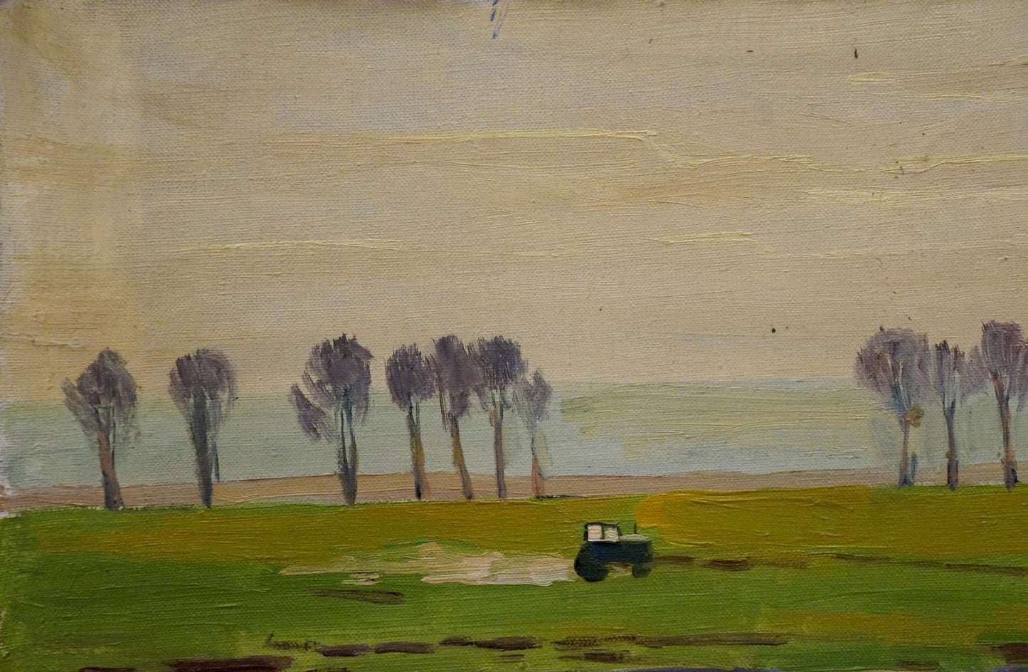 Oil painting by Nikolay Chernikov: dark green tractor in yellow field