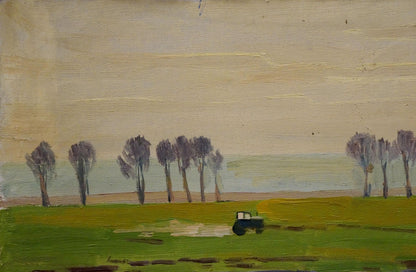 Oil painting by Nikolay Chernikov: dark green tractor in yellow field