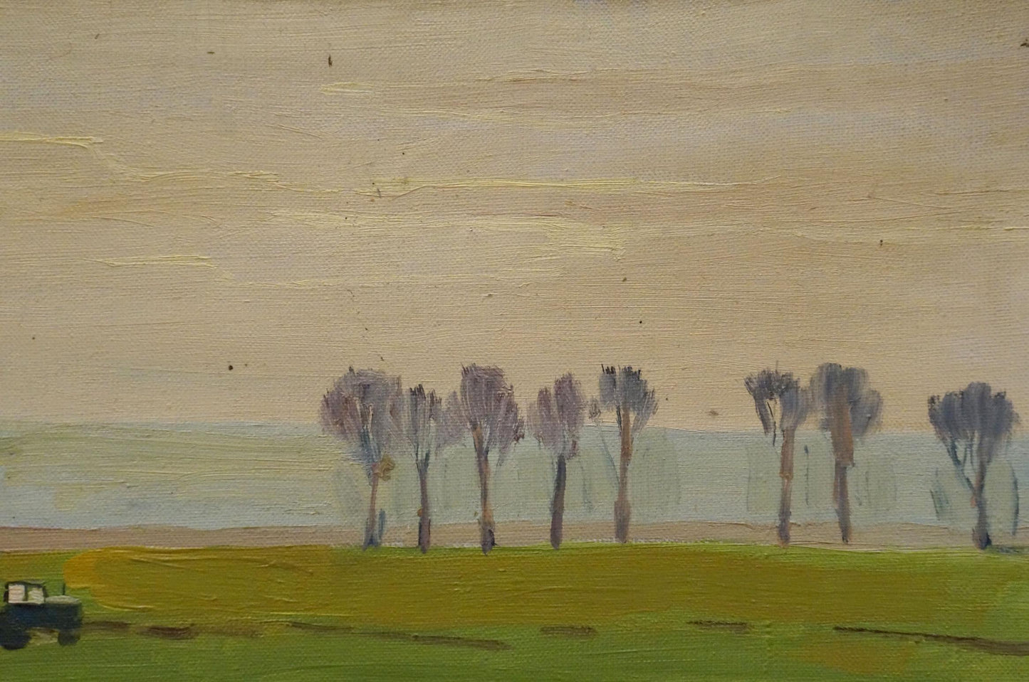 Minimalist oil painting of tractor in fields by Nikolay Chernikov