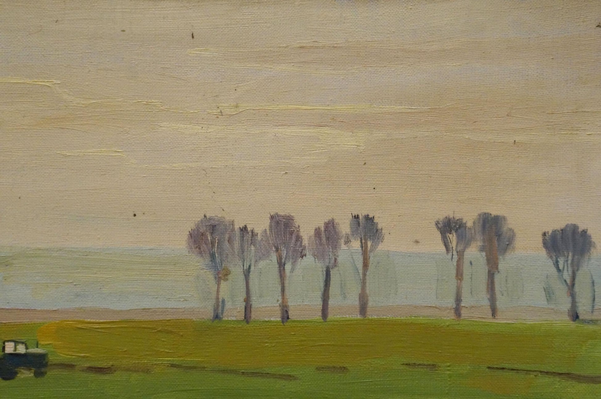 Minimalist oil painting of tractor in fields by Nikolay Chernikov