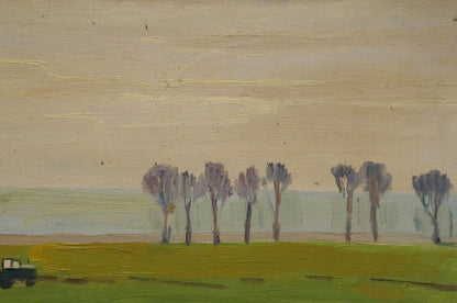 Minimalist oil painting of tractor in fields by Nikolay Chernikov