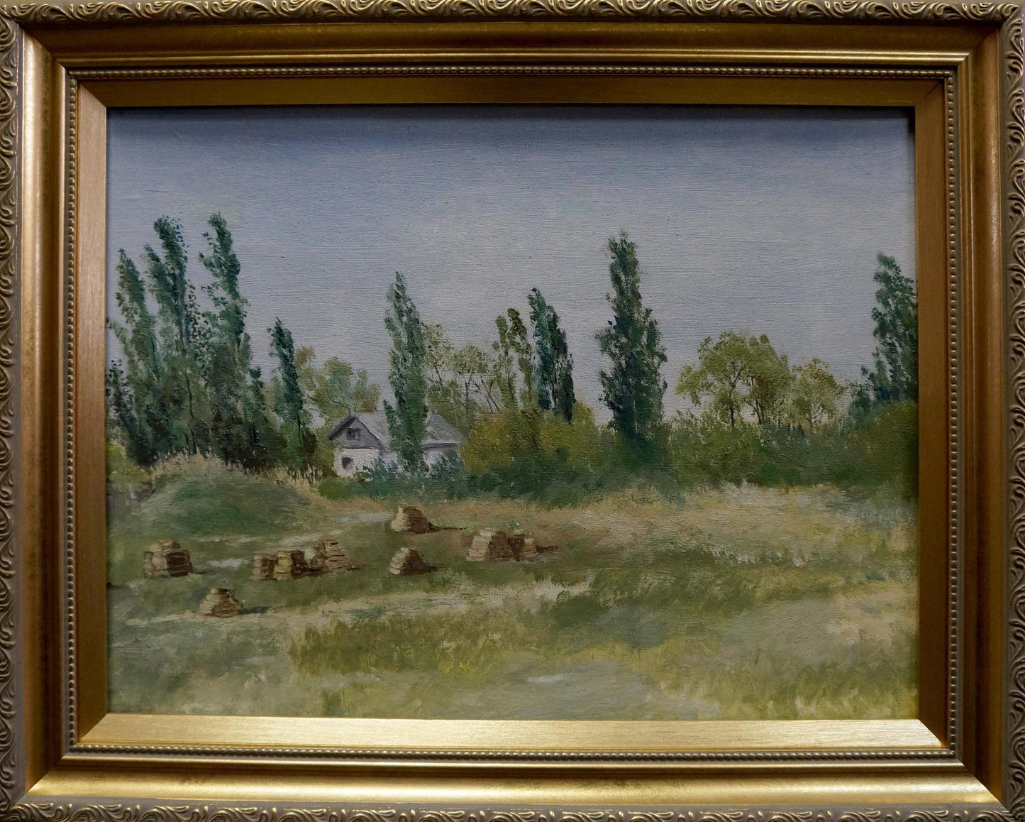 Oil painting At the house on the outskirts: ornate gold-framed pastoral landscape