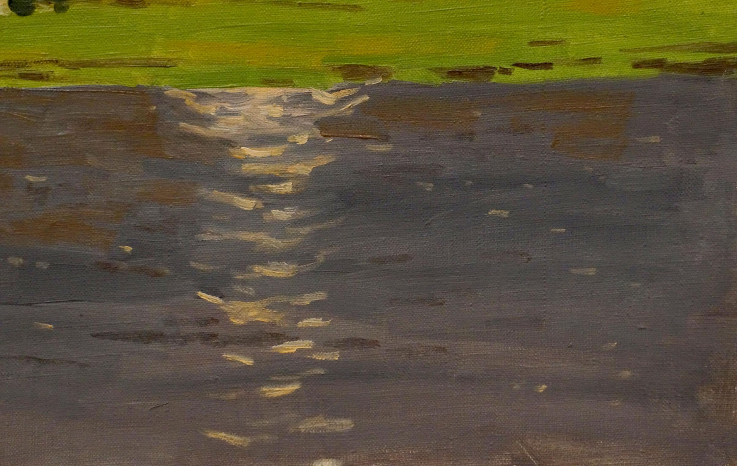 Oil painting of tractor in fields by Nikolay Chernikov with reflective water