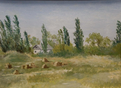 Rustic oil painting of white house on outskirts amid trees and hay bales